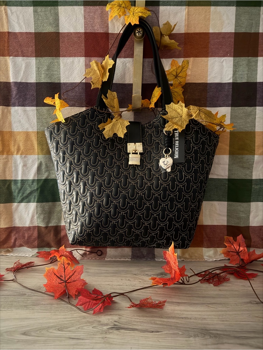 True Religion Black Quilted Tote with Gold Lock